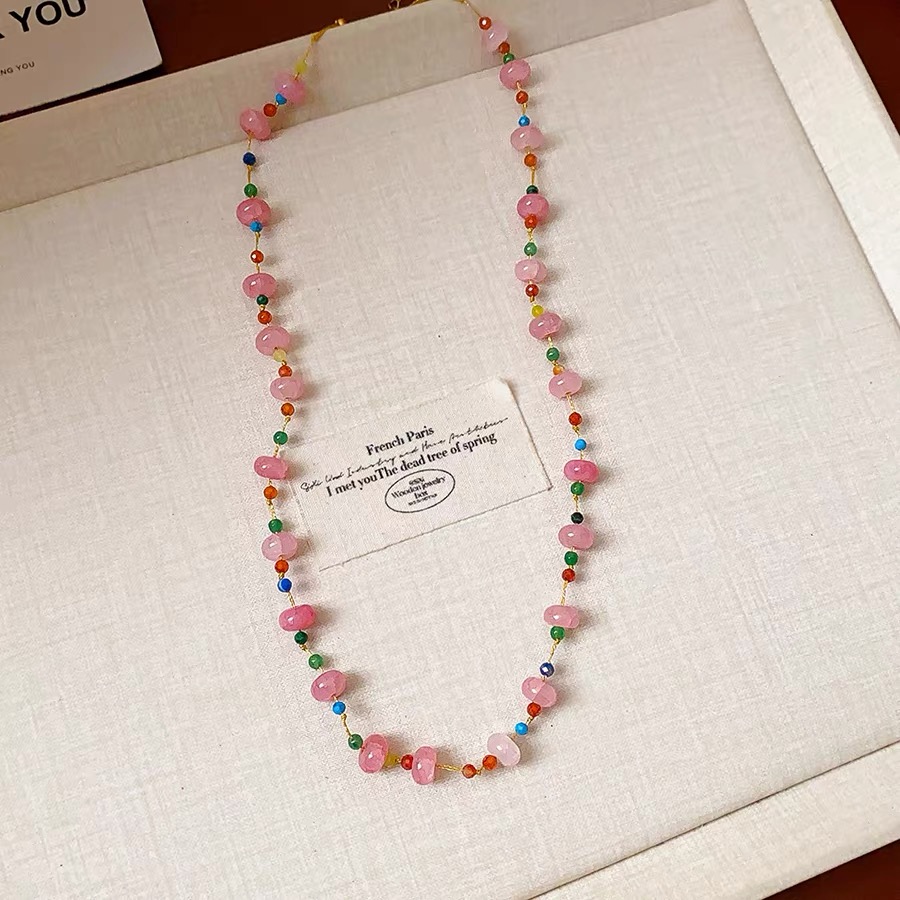 Siloqi jewelry Knot Pink necklace, peach pink dopamine pink beaded necklace, natural stone sweet accessories New style jewelry necklace Specification image