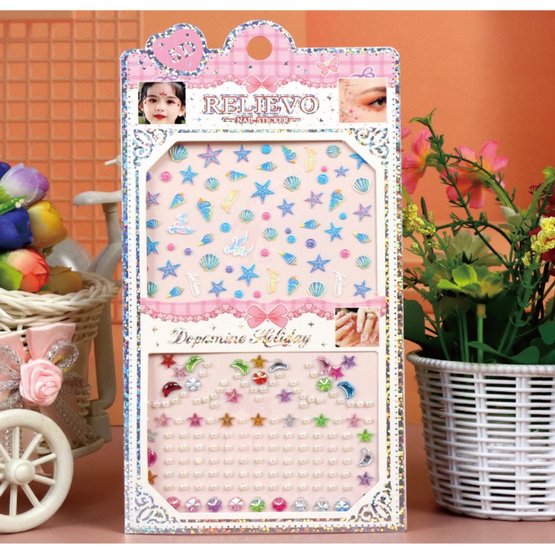 Children's nail and makeup stickers, waterproof girls' forehead stickers, flower-shaped hairpins, brow stickers, pearl, crystal and gemstone stickers details Picture