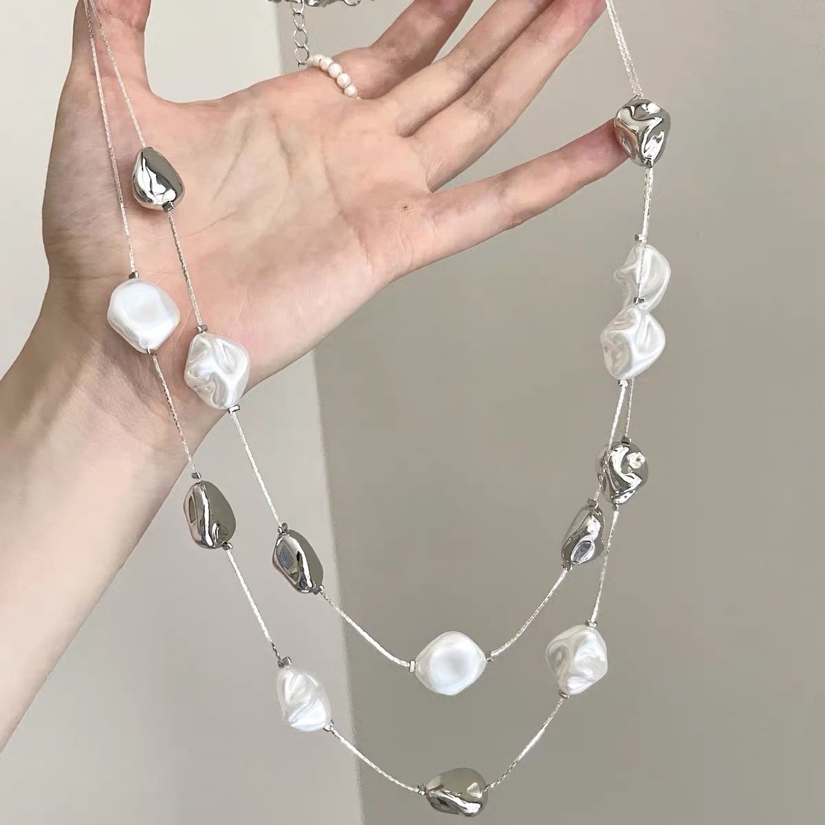 Shiluoqi Jewelry Double Pearl CCB necklace, vintage double-layer spliced pearl necklace, Irregular Baroque pearl necklace, new jewelry pearl necklace Specification image