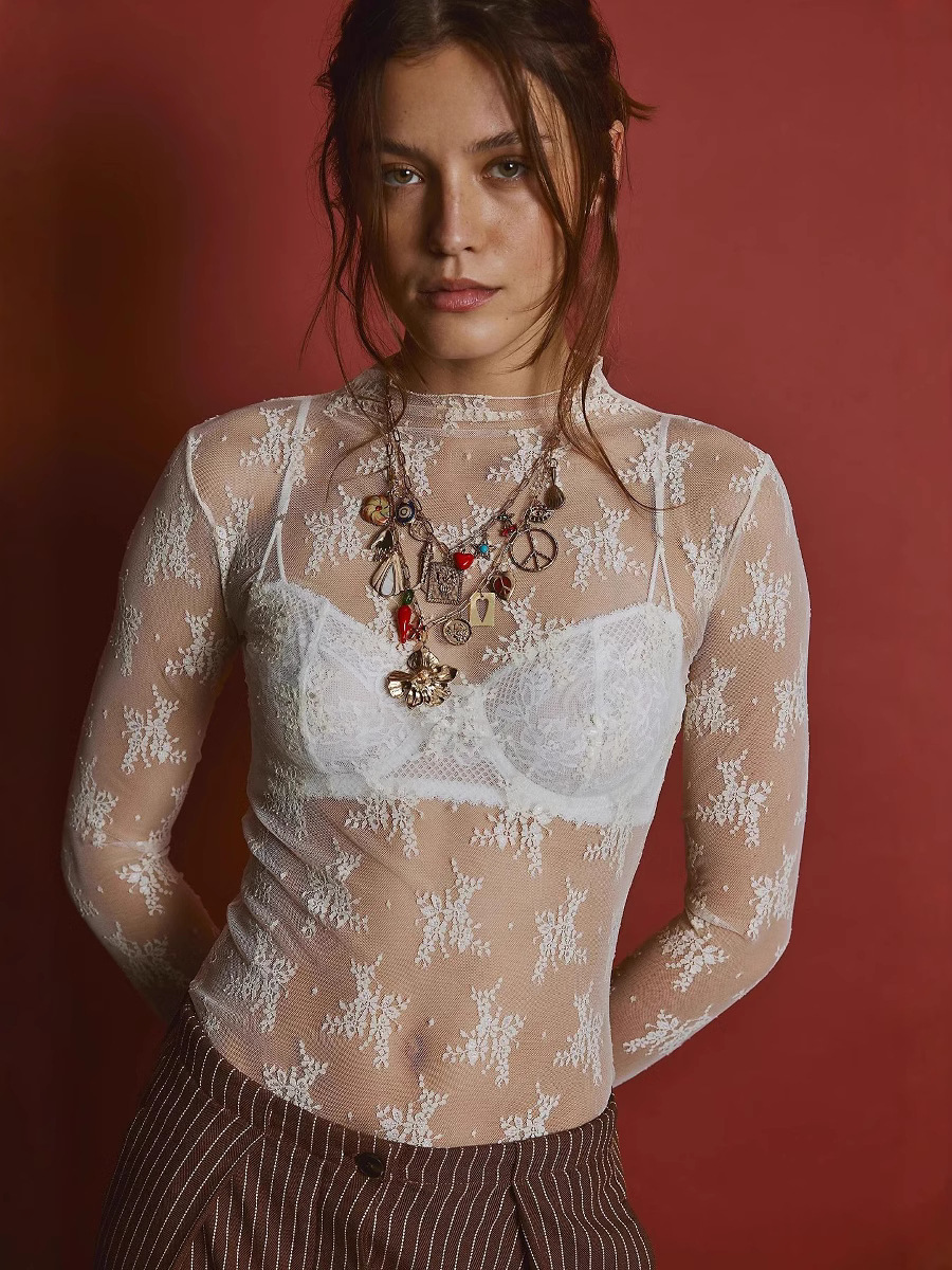 2026 New style of European and American export women's mesh transparent lace layered top, stand-up collar see-through shirt, lace women's clothing Item Picture