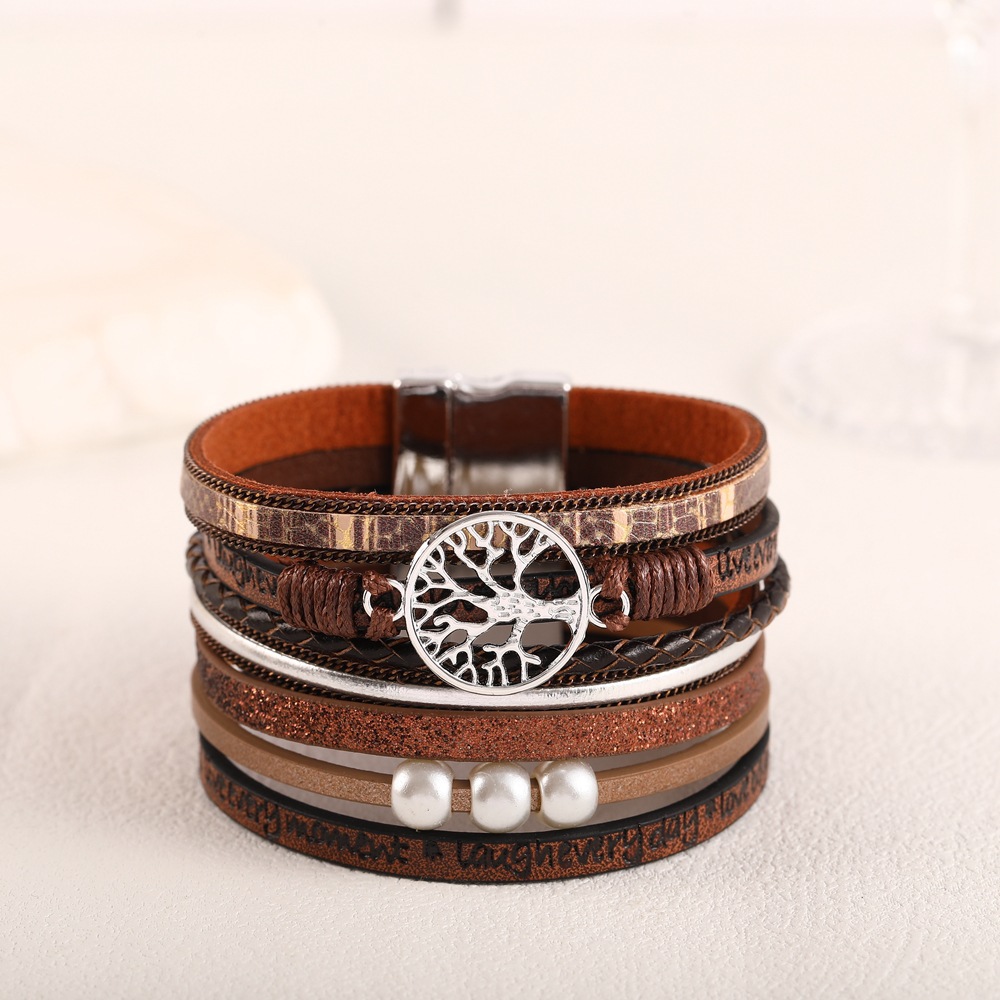 Cross-border best-selling leather bracelet for women, fashionable hollowed-out life tree embossed letter pearl bracelet, magnetic clasp accessory detail image 5