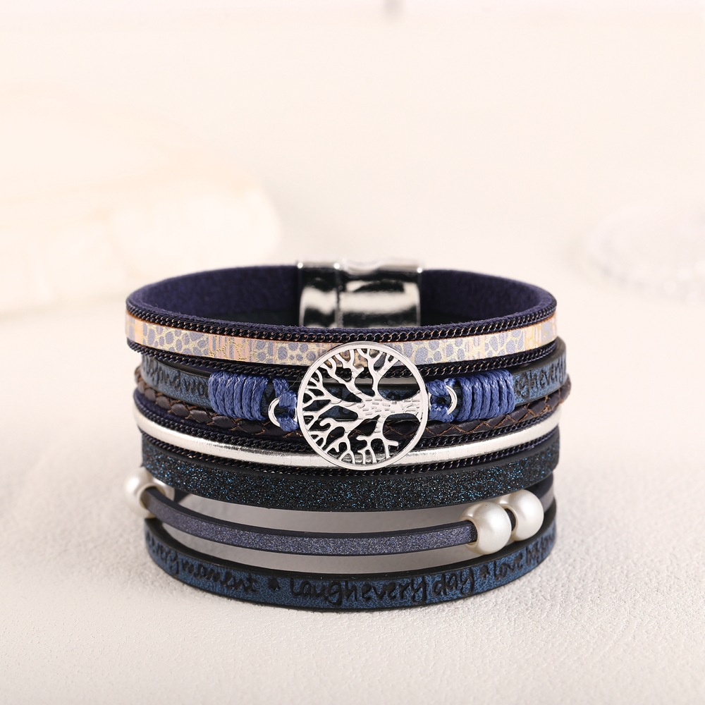 Cross-border best-selling leather bracelet for women, fashionable hollowed-out life tree embossed letter pearl bracelet, magnetic clasp accessory details Picture