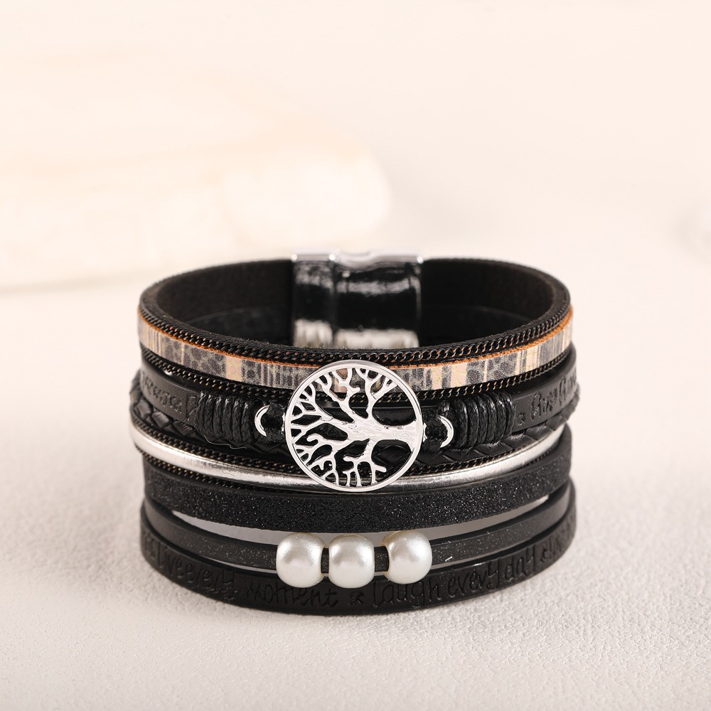 Cross-border best-selling leather bracelet for women, fashionable hollowed-out life tree embossed letter pearl bracelet, magnetic clasp accessory Application Scenario