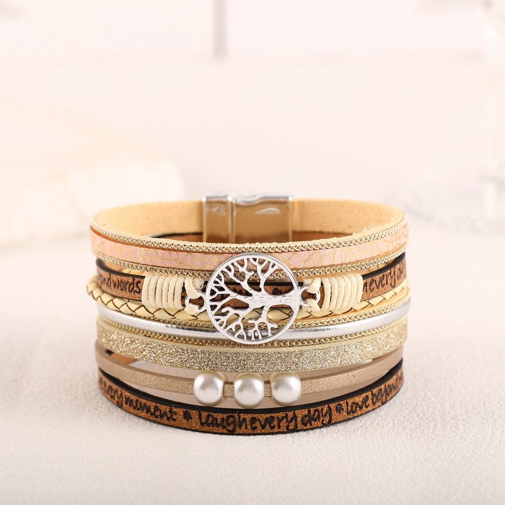 Cross-border best-selling leather bracelet for women, fashionable hollowed-out life tree embossed letter pearl bracelet, magnetic clasp accessory