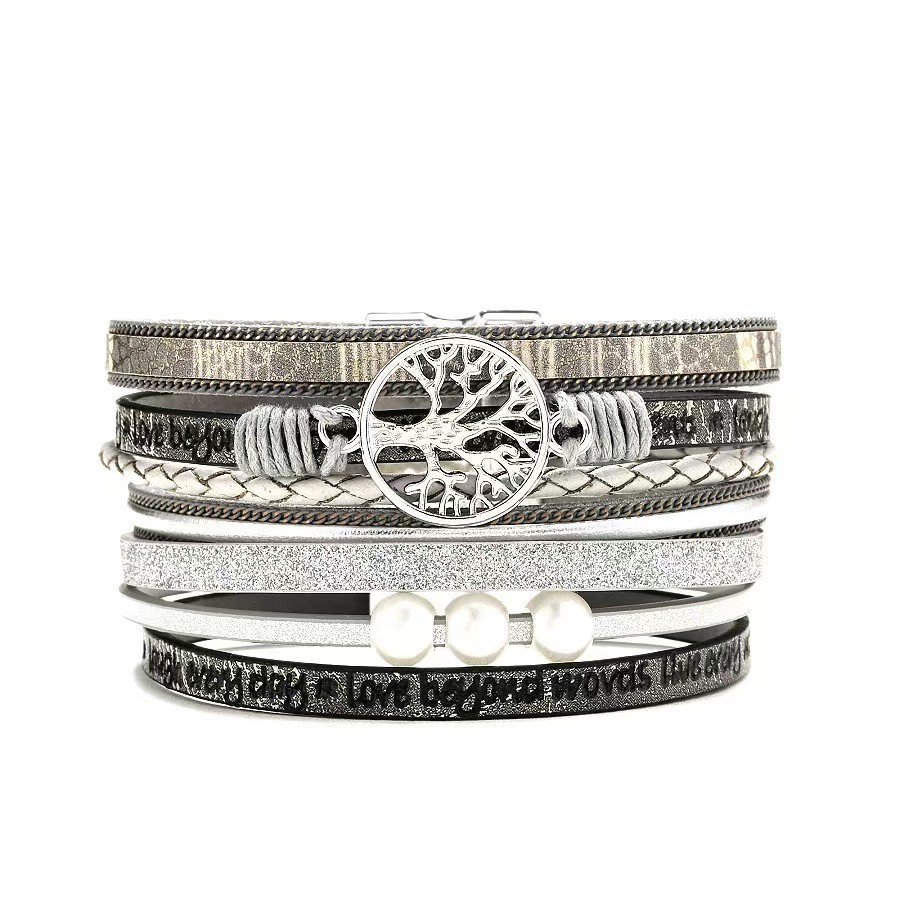 Cross-border best-selling leather bracelet for women, fashionable hollowed-out life tree embossed letter pearl bracelet, magnetic clasp accessory detail image 7