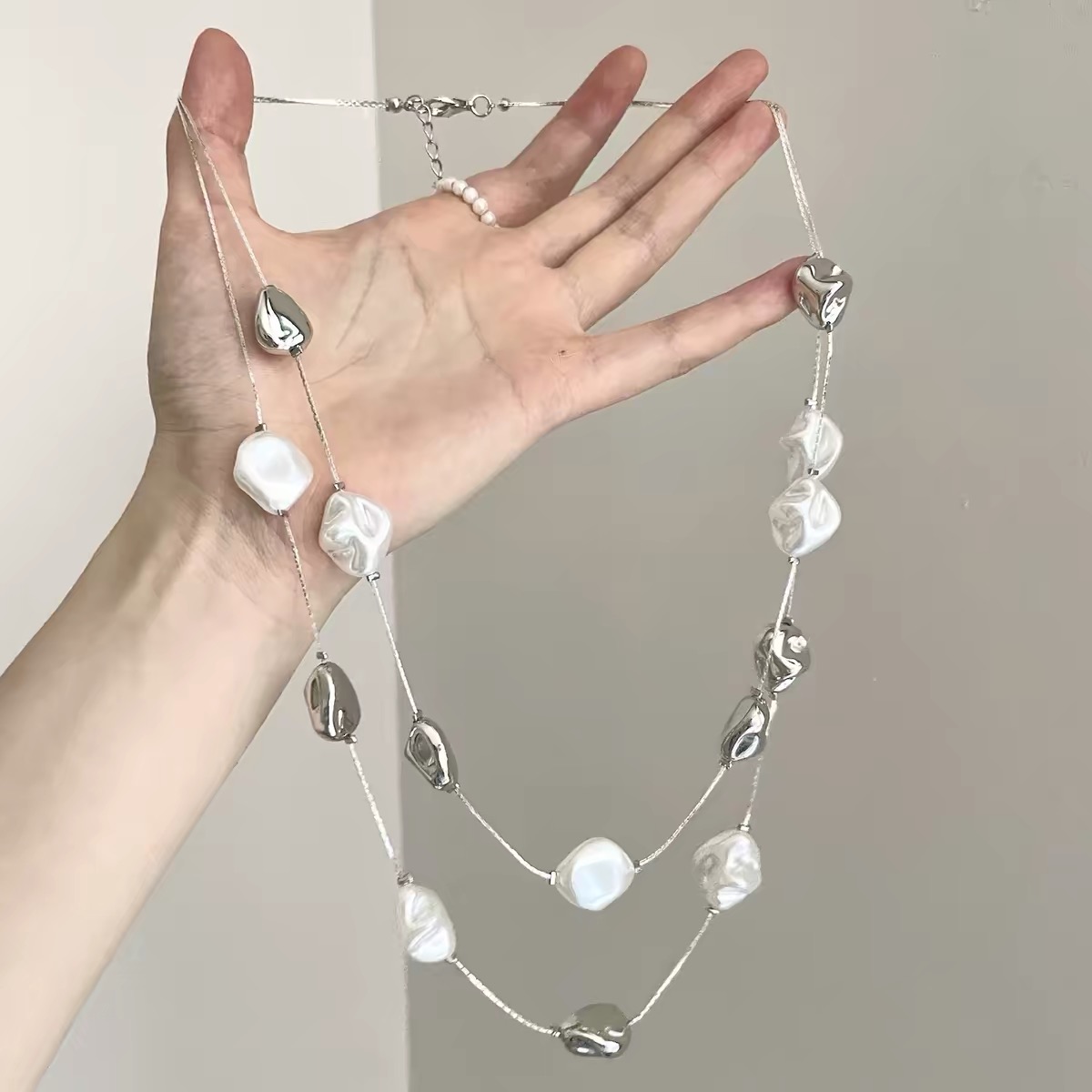 Shiluoqi Jewelry Double Pearl CCB necklace, vintage double-layer spliced pearl necklace, Irregular Baroque pearl necklace, new jewelry pearl necklace details Picture