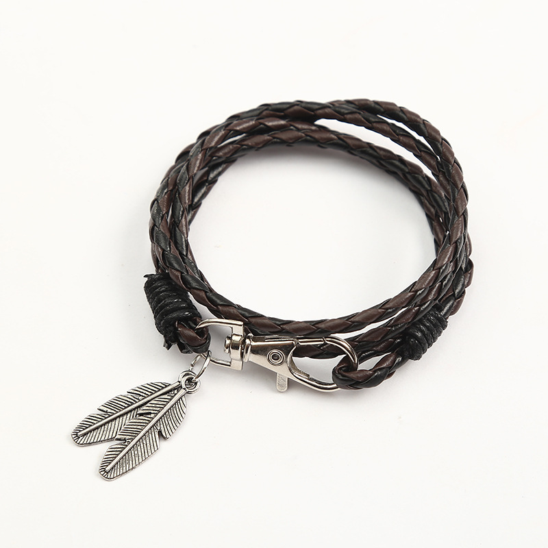 Korean-style personalized couple bracelets, retro alloy feather women's bracelet, punk leather hand-woven bracelet, double-loop bracelet factory direct sales Item Picture