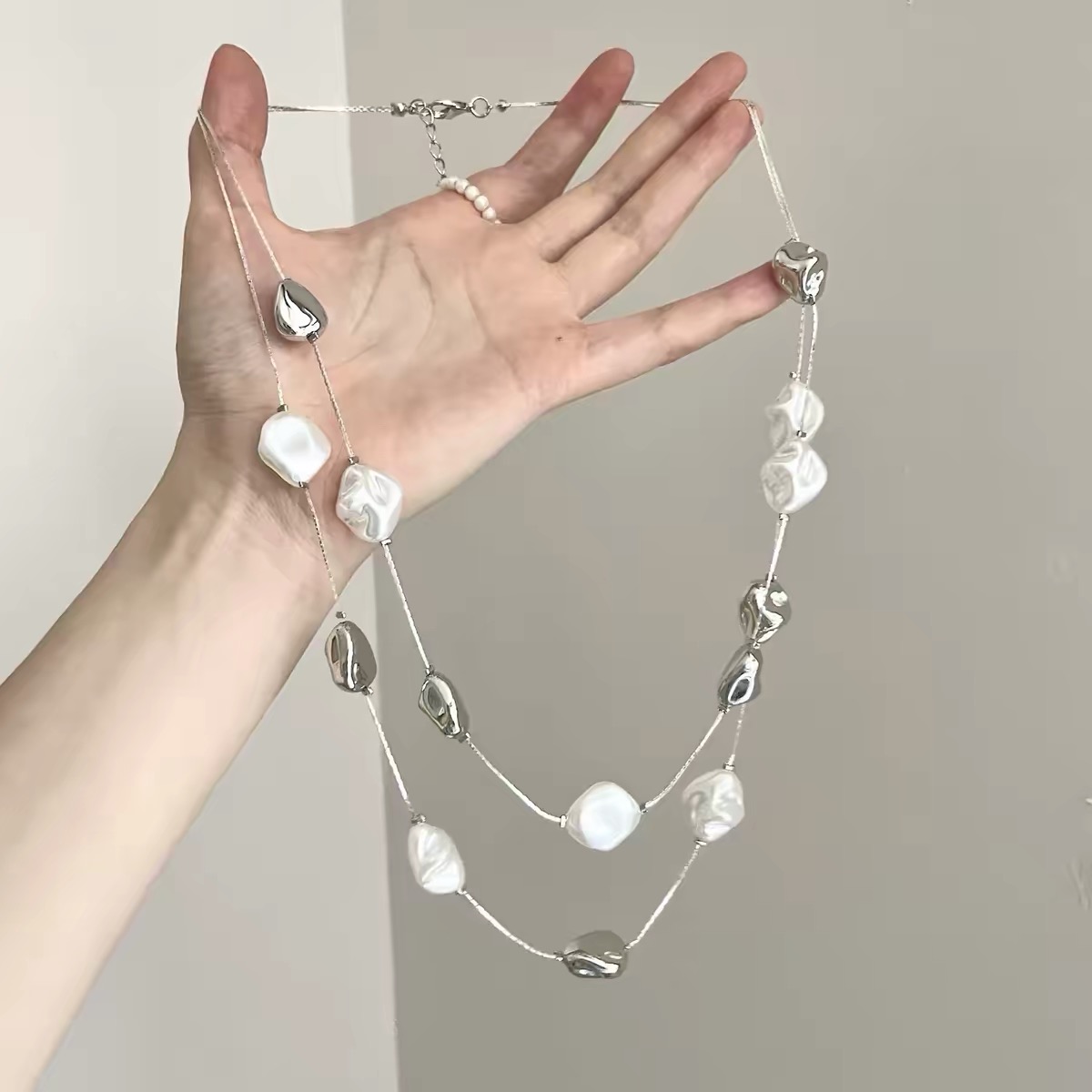 Shiluoqi Jewelry Double Pearl CCB necklace, vintage double-layer spliced pearl necklace, Irregular Baroque pearl necklace, new jewelry pearl necklace