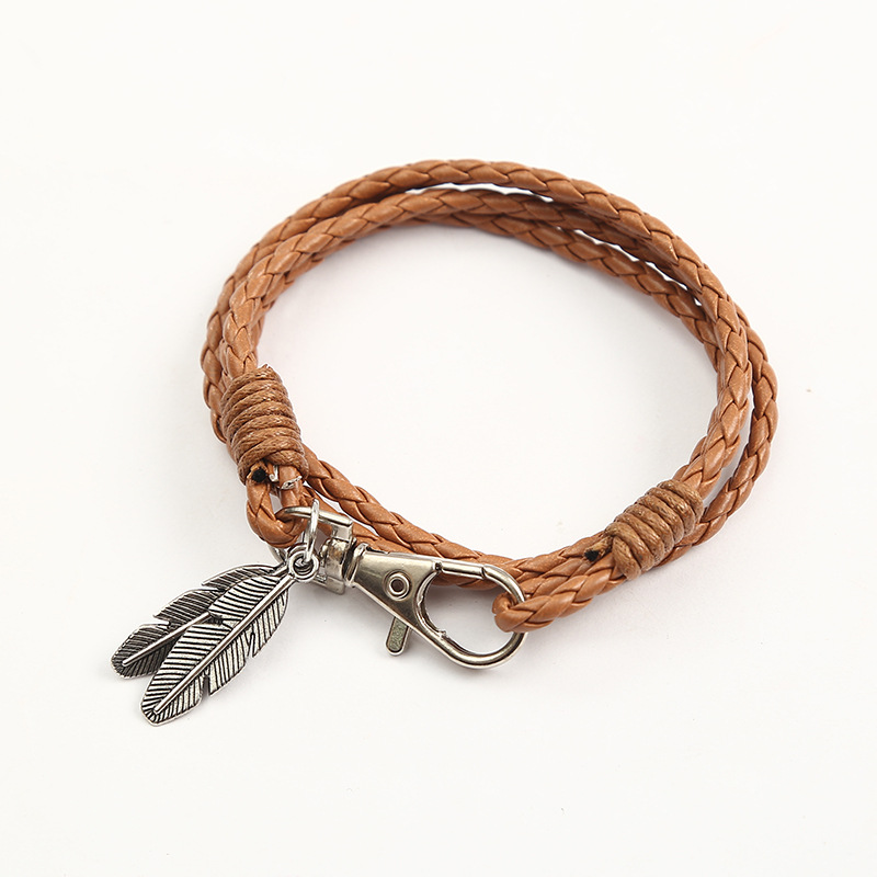 Korean-style personalized couple bracelets, retro alloy feather women's bracelet, punk leather hand-woven bracelet, double-loop bracelet factory direct sales detail image 6