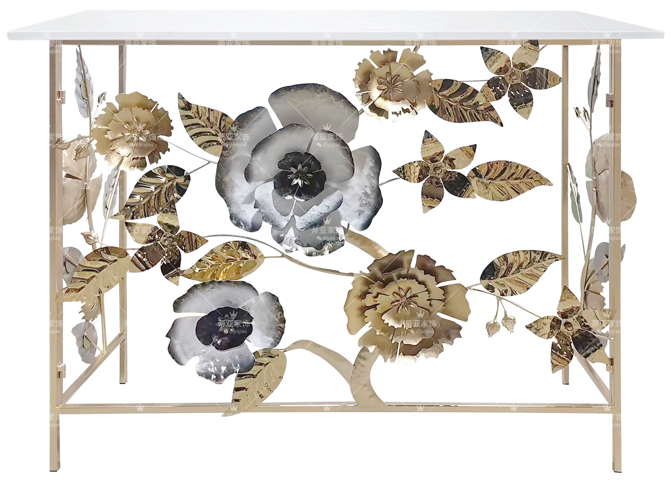 Sandgold floral metal table with Nordic decoration