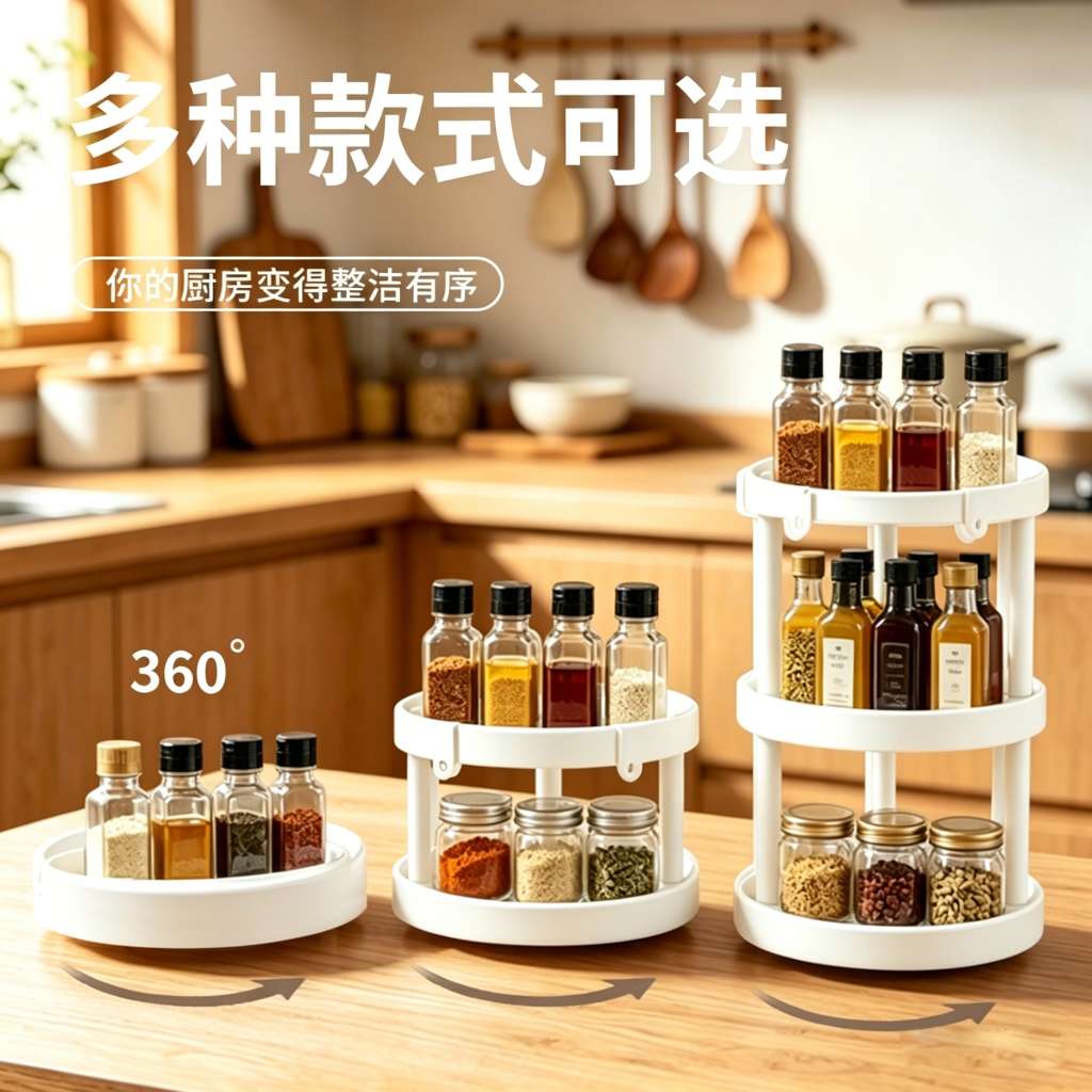 Rotating seasoning rack, kitchen countertop tray, multi-functional oil, salt, soy sauce and vinegar seasoning storage, single, double and three-layer storage rack, dust-proof for products Rotating seasoning rack, kitchen countertop tray, multi-functional oil, salt, soy sauce and vinegar seasoning storage, single, double and three-layer storage rack, dust-proof for products
