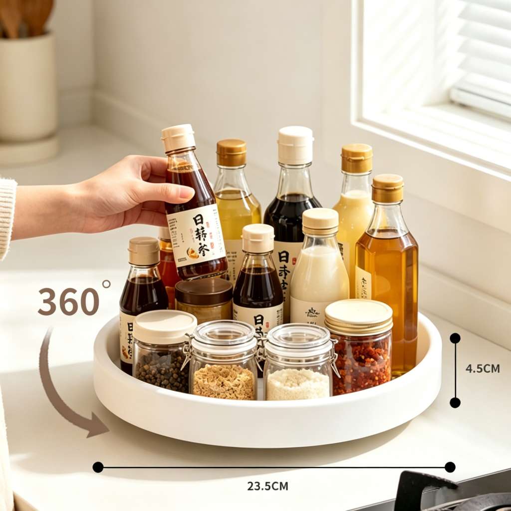 Rotating seasoning rack, kitchen countertop tray, multi-functional oil, salt, soy sauce and vinegar seasoning storage, single, double and three-layer storage rack, dust-proof for products detail image 3