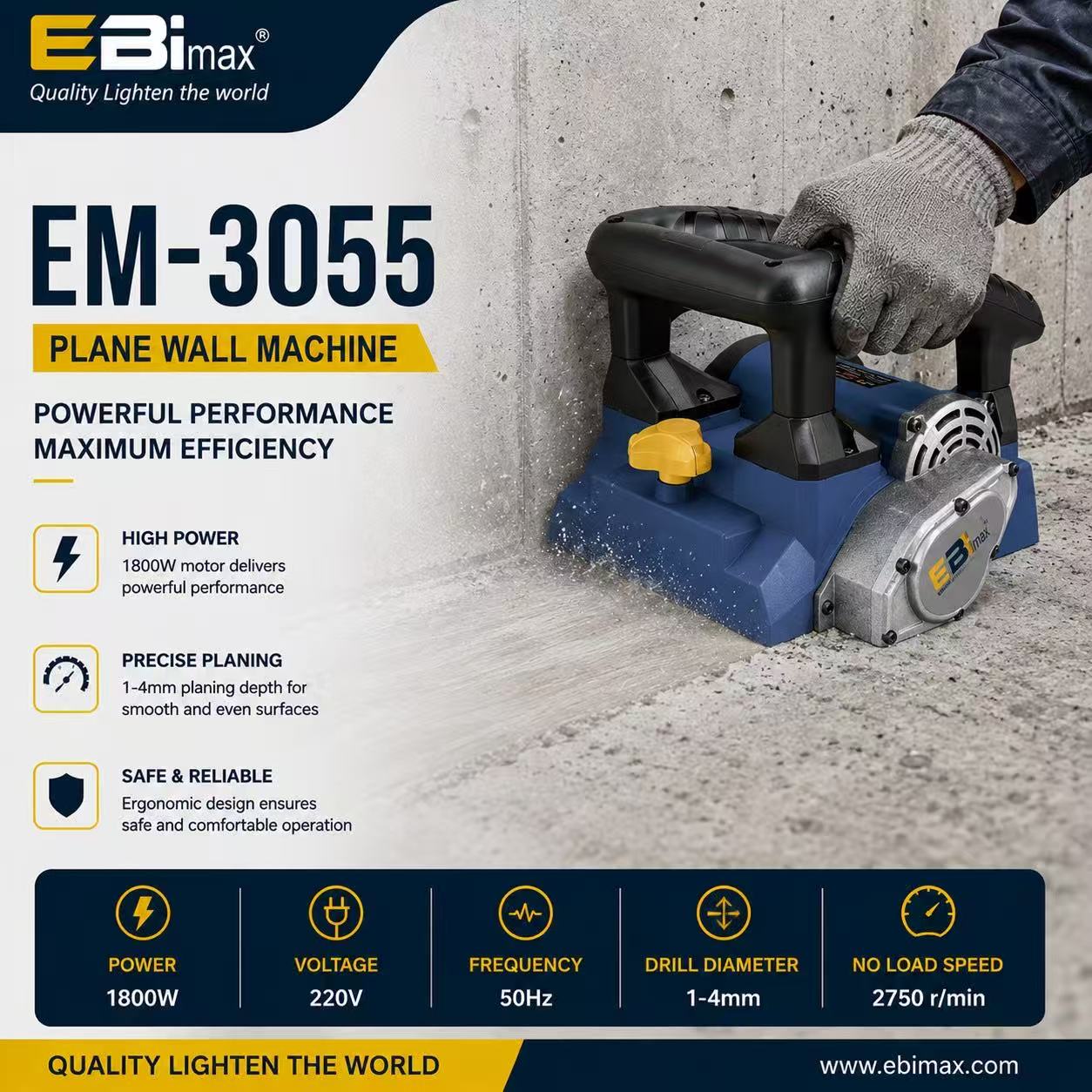 Cepilladora eléctrica de pared EM-3055 máquina de pared plana máquina de lijado cuadrada lijadora 135W
