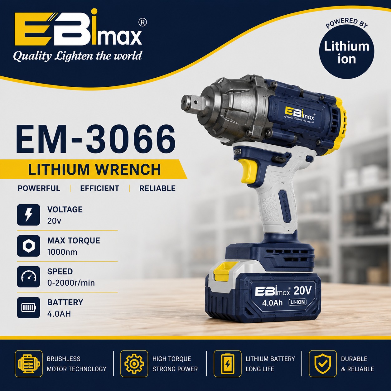 EBimax EM3062 industrial-grade lithium battery impact wrench, electric hammer, drill hole opener and power tool details Picture