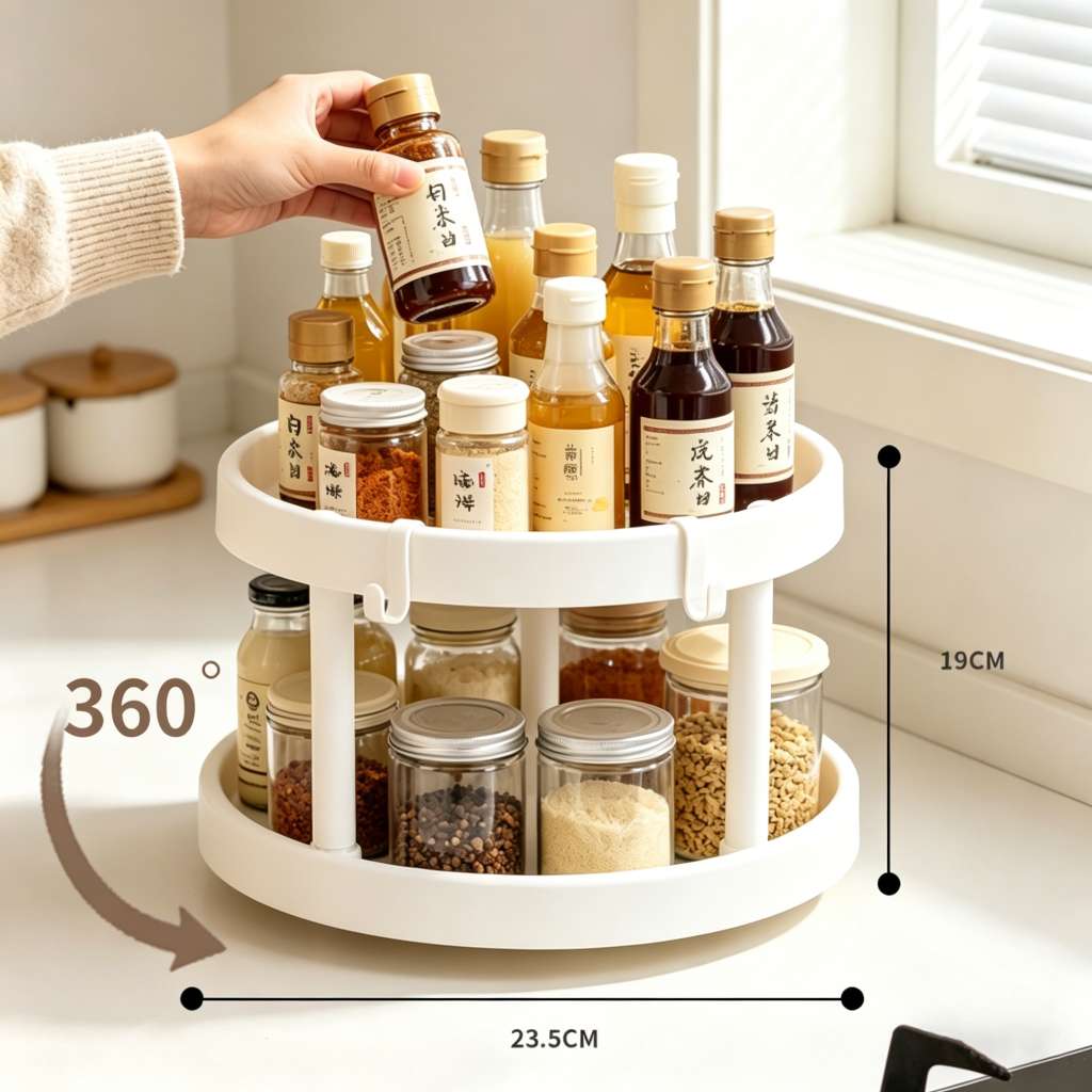 Rotating seasoning rack, kitchen countertop tray, multi-functional oil, salt, soy sauce and vinegar seasoning storage, single, double and three-layer storage rack, dust-proof for products Application Scenario