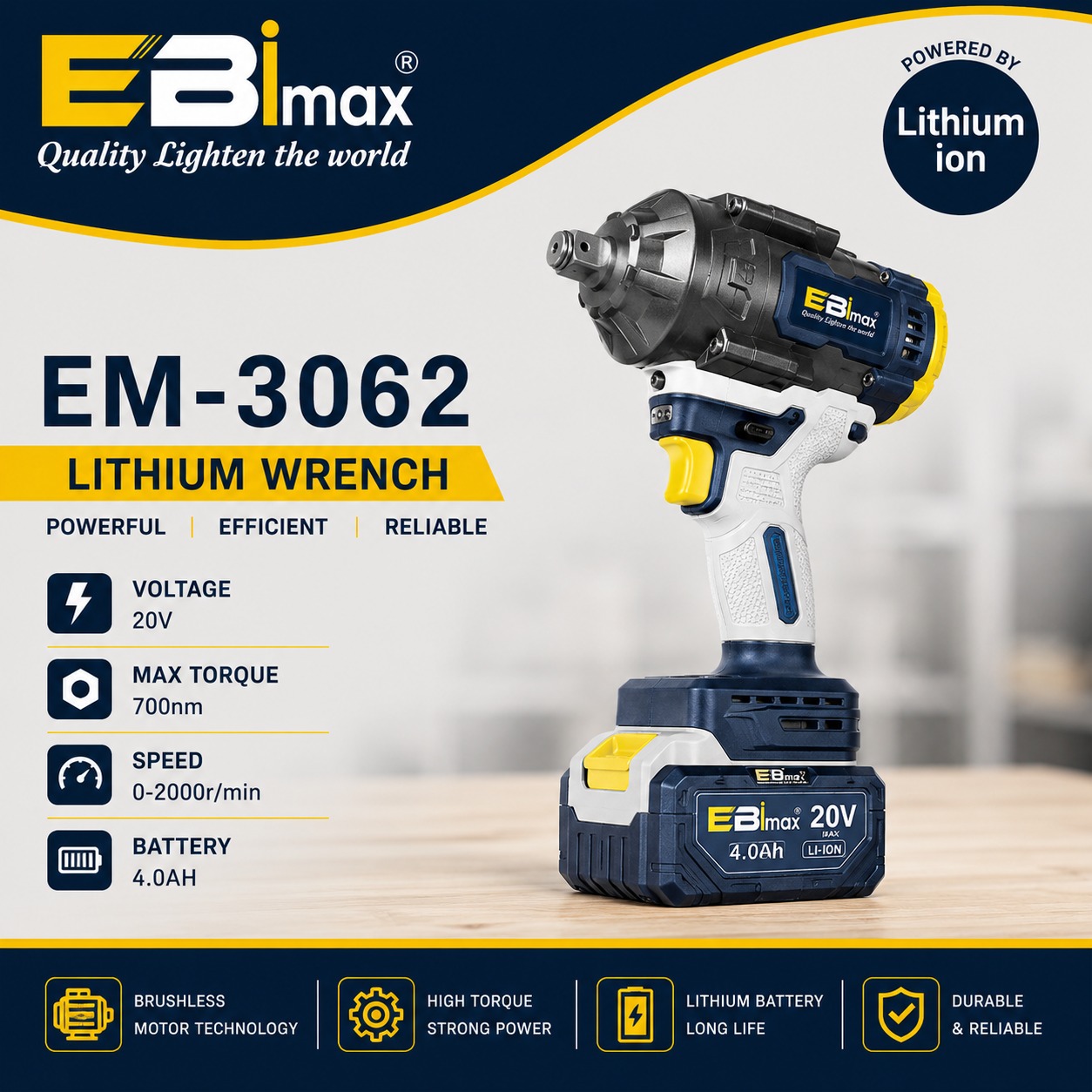 EBimax EM3062 industrial-grade lithium battery impact wrench, electric hammer, drill hole opener and power tool