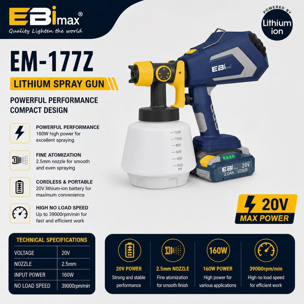 EBimax锂电喷枪EM-177Z 无绳喷涂机家用工业级