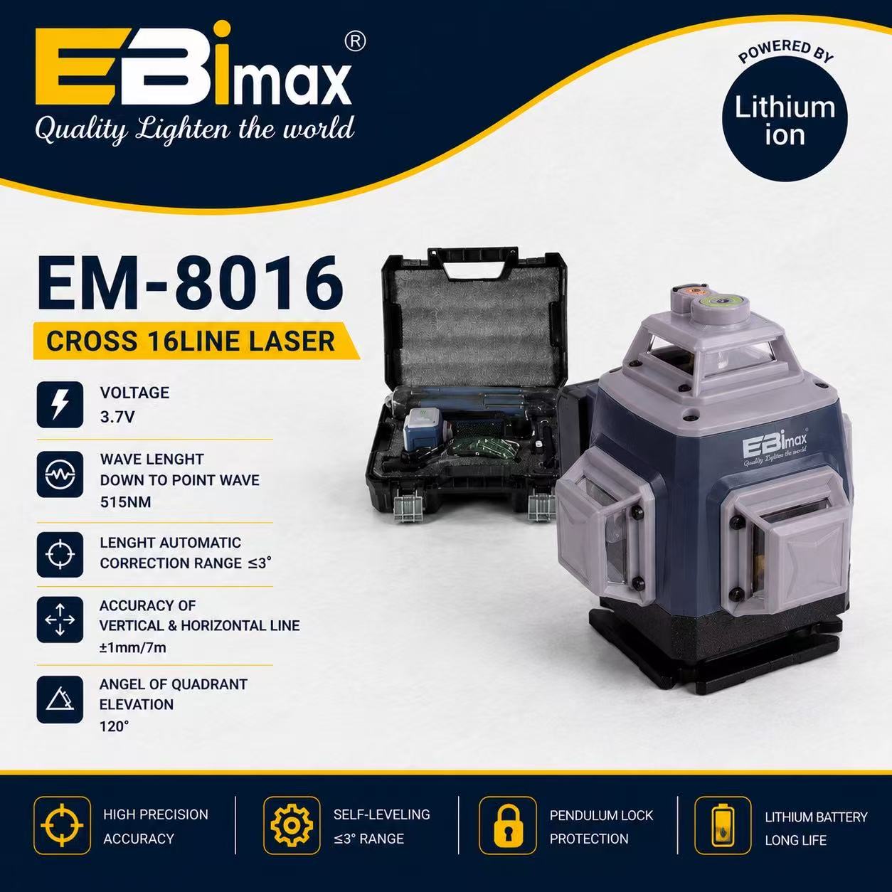 EM7016 Cross-shaped 16-line laser level, integrated fixture, multi-functional horizontal line level Specification image