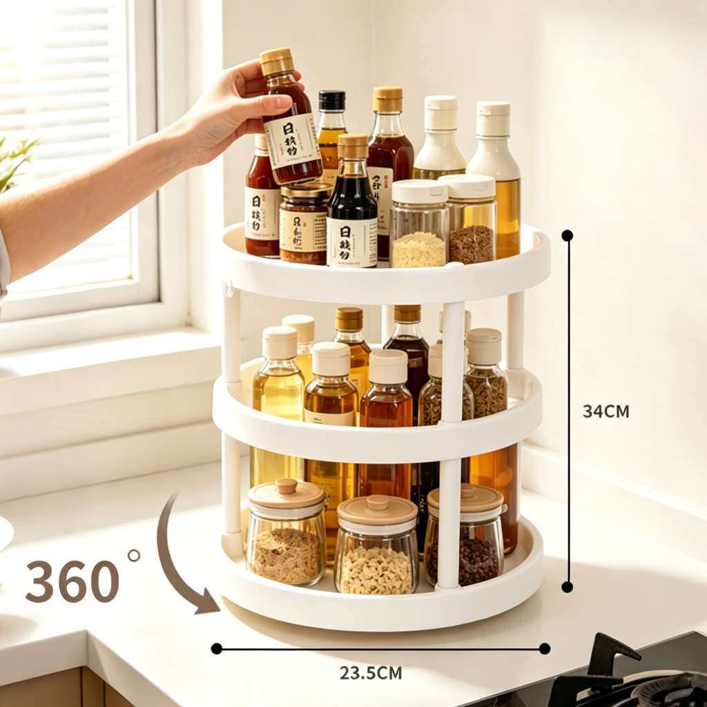 Rotating seasoning rack, kitchen countertop tray, multi-functional oil, salt, soy sauce and vinegar seasoning storage, single, double and three-layer storage rack, dust-proof for products Item Picture
