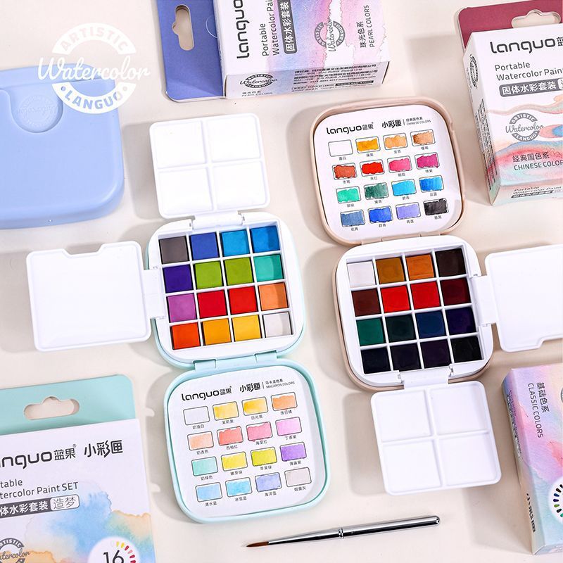 Wholesale of Blue Fruit Solid Watercolor Set, mini portable color-matching watercolor painting box and painting coloring box for art students details Picture