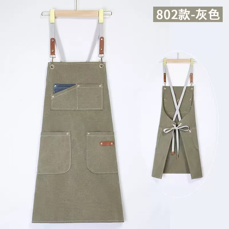 Canvas fashion apron 802 styles, adjustable shoulder straps, comfortable lacing, practical pockets, neat hem, suitable for various occasions Item Picture