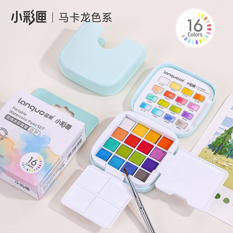 Wholesale of Blue Fruit Solid Watercolor Set, mini portable color-matching watercolor painting box and painting coloring box for art students Specification image