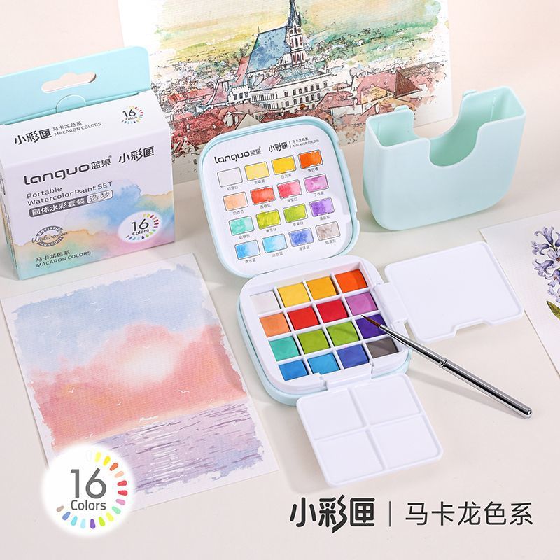 Wholesale of Blue Fruit Solid Watercolor Set, mini portable color-matching watercolor painting box and painting coloring box for art students Application Scenario