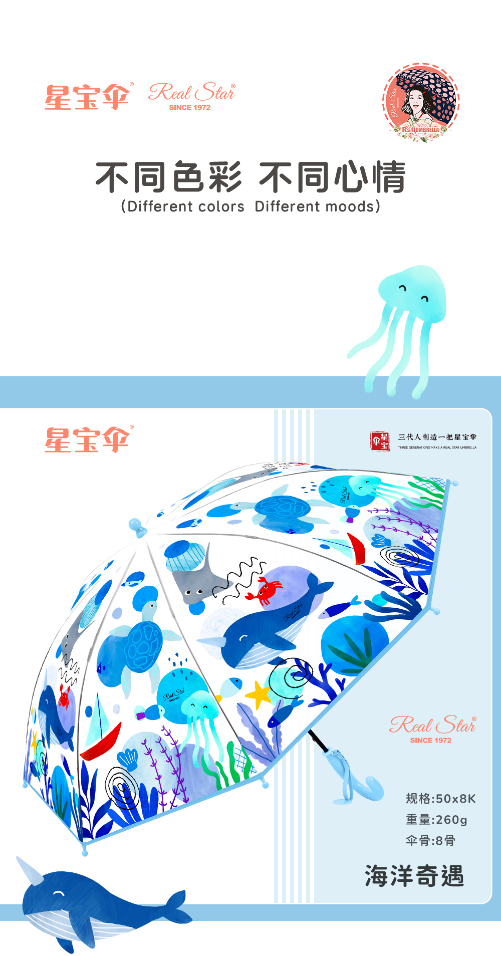 星宝伞015海洋风格儿童伞长柄直杆雨伞塑料雨伞平行宝宝雨伞批发详情3