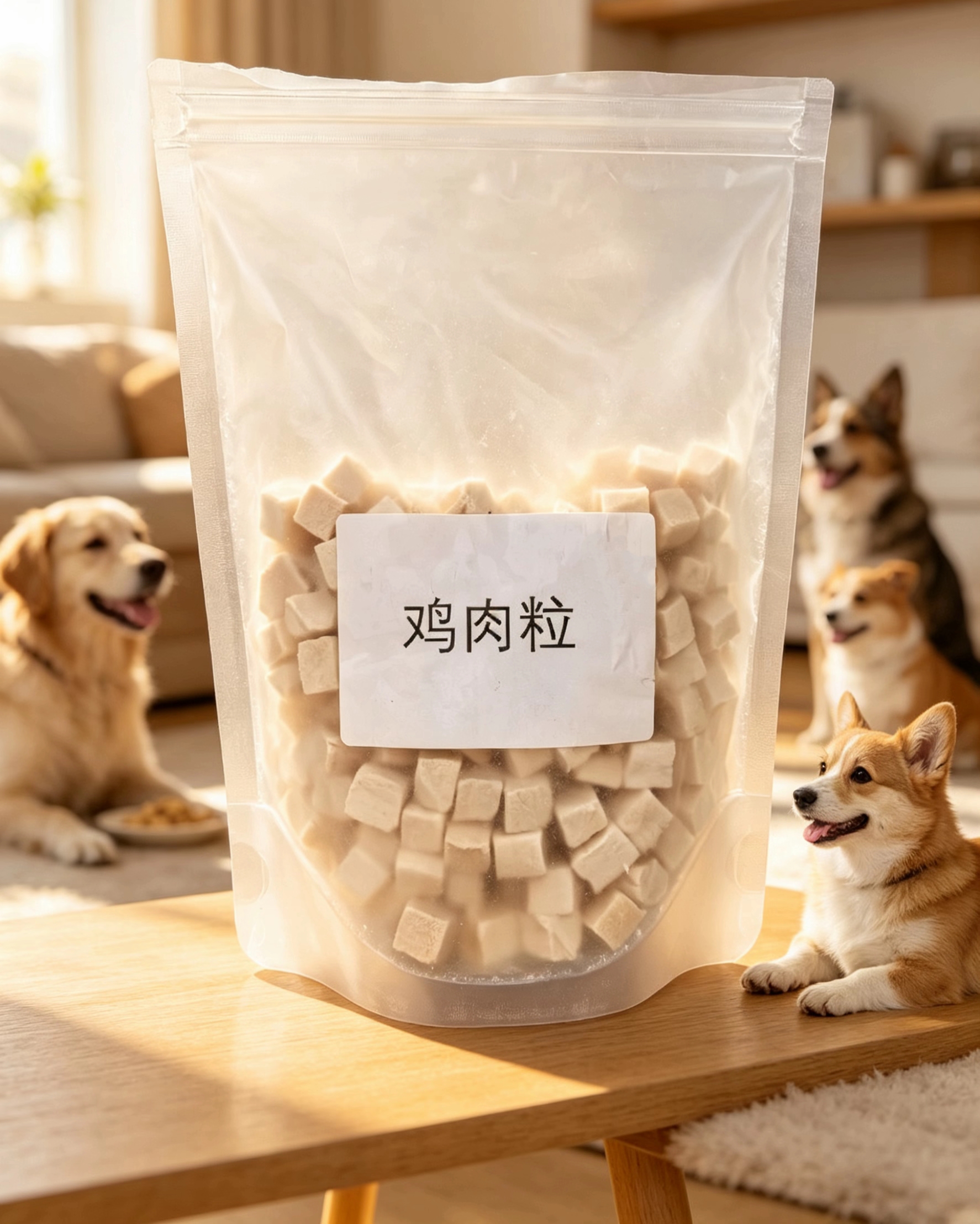 Raw bone and meat pieces, pet food bags, pet health and nutrition supplements, main food grade freeze-dried salmon pieces, egg yolk pieces, chicken and broiler liver snacks Application Scenario