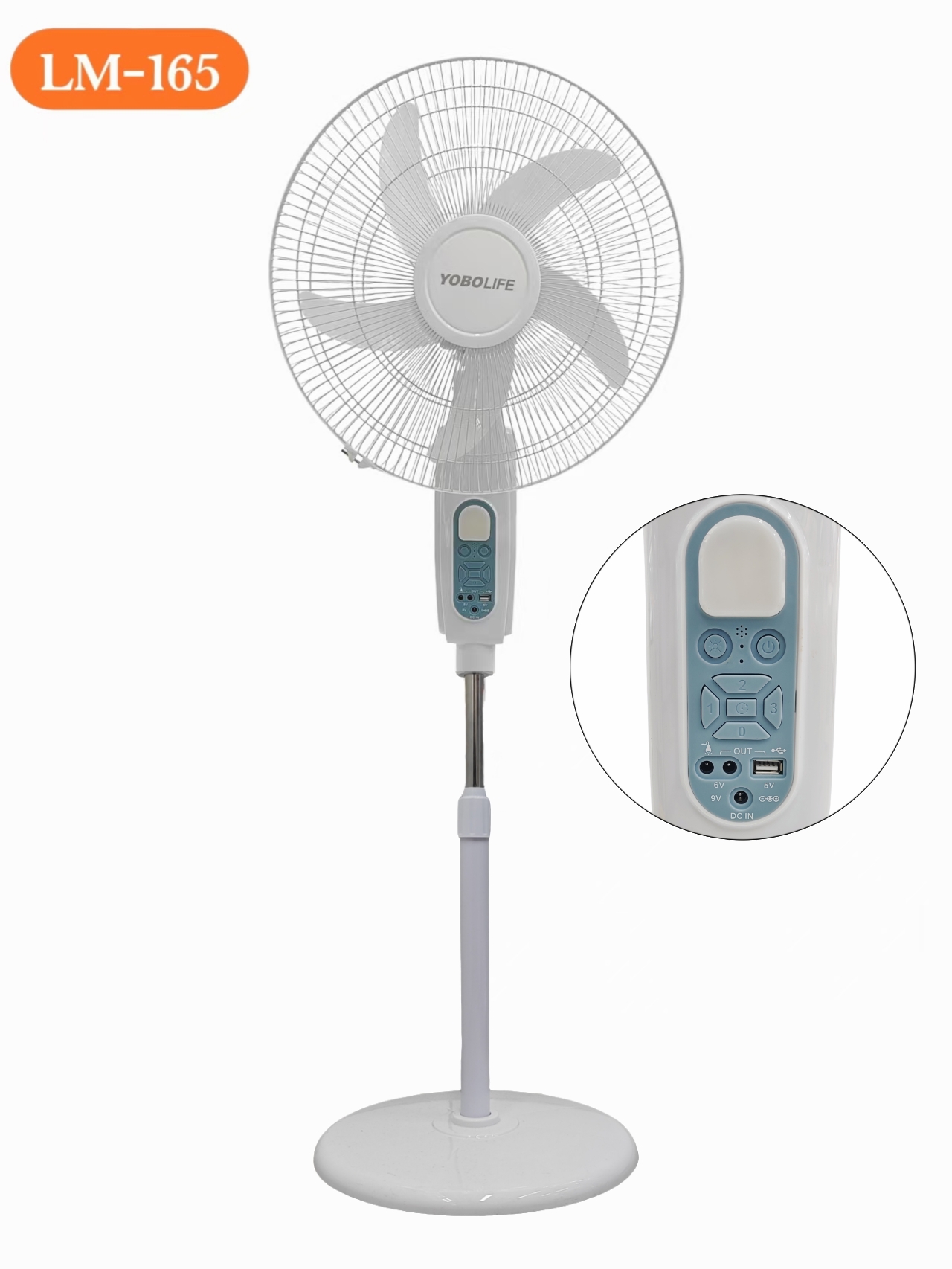 YOBOLIFE's upgraded LM-165 floor-standing fan features a 16-inch solar-powered charging fan with 5 wind speeds, a small screen display and remote control. It is a best-selling floor-standing fan in Africa and South America details Picture