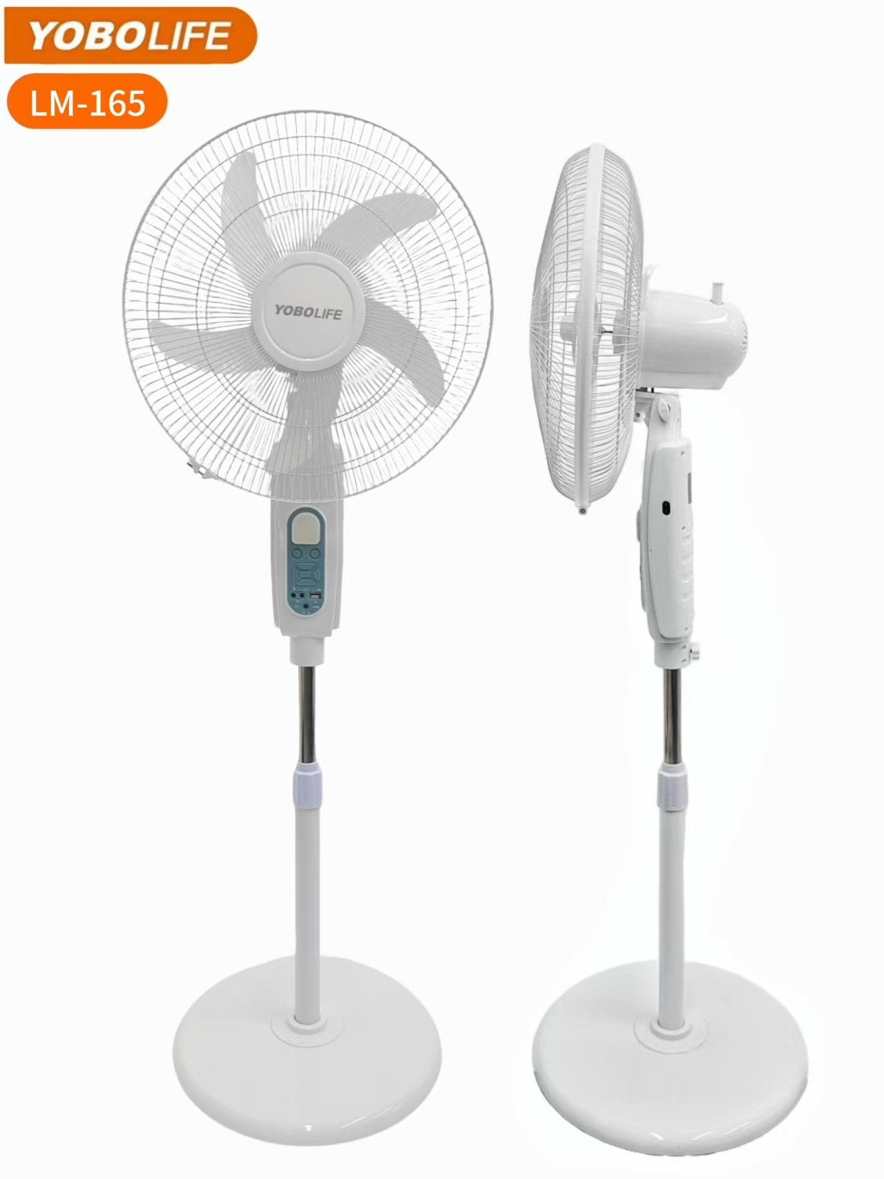 YOBOLIFE's upgraded LM-165 floor-standing fan features a 16-inch solar-powered charging fan with 5 wind speeds, a small screen display and remote control. It is a best-selling floor-standing fan in Africa and South America Application Scenario