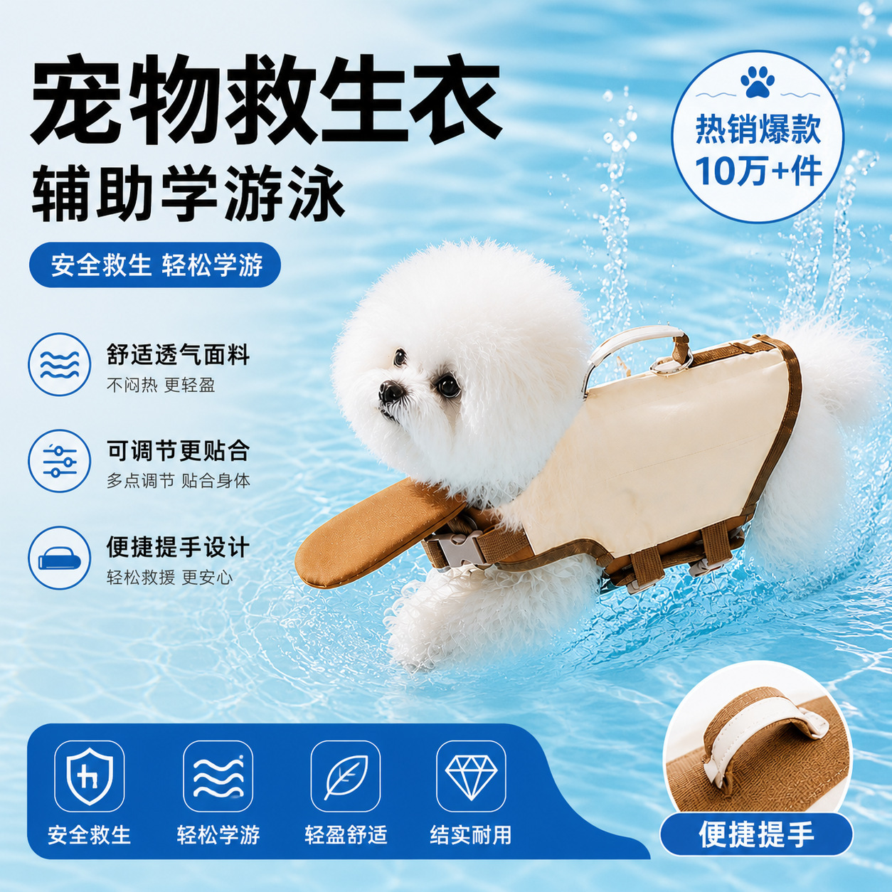 Pet life jacket, white dog leash for puppies, pet leash
