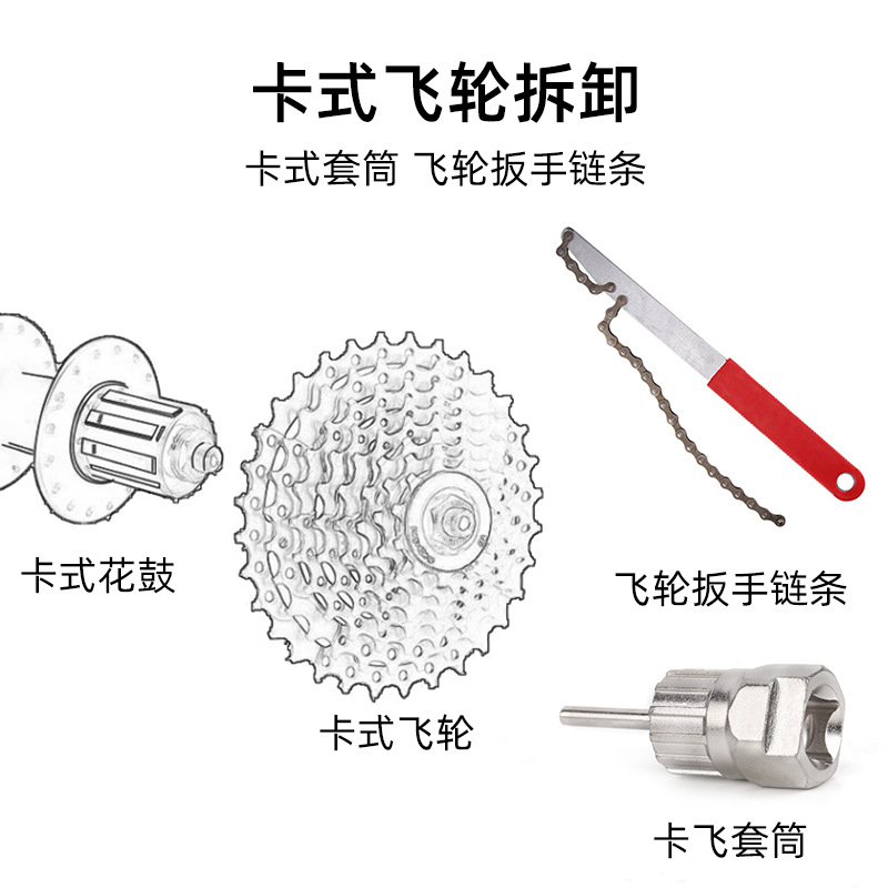 230609 Tool Set: Bicycle Flywheel Tools 7-in-1 Tool set: Chain wrench, Chain tool, Flywheel disassembly socket Tool, Code pulling Tool, Tower Wheel Flywheel socket, Chain wrench Application Scenario
