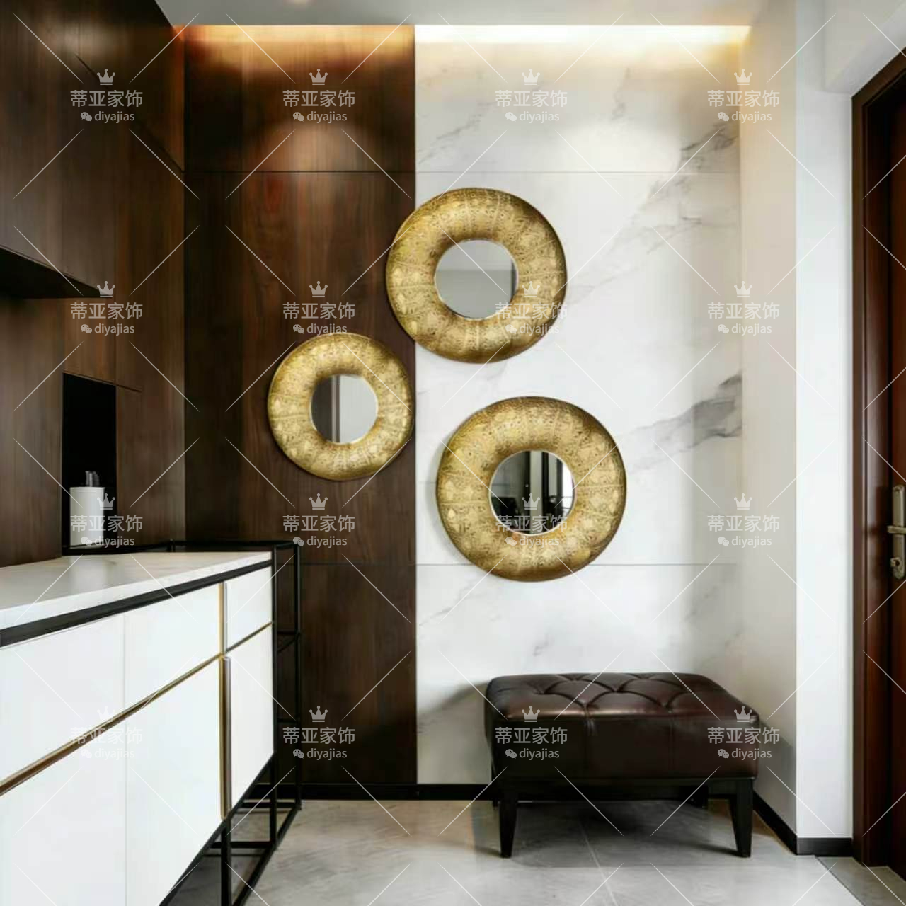 Golden hollowed-out circular mirror frame glass photo frame table for living room and bedroom decoration Application Scenario