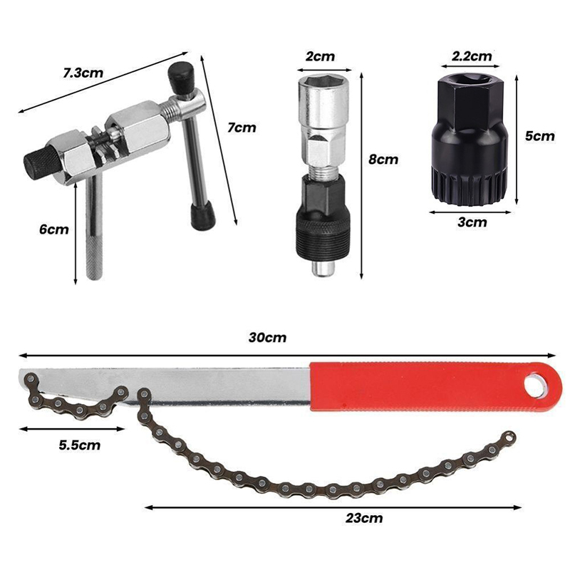 230609 Tool Set: Bicycle Flywheel Tools 7-in-1 Tool set: Chain wrench, Chain tool, Flywheel disassembly socket Tool, Code pulling Tool, Tower Wheel Flywheel socket, Chain wrench Specification image