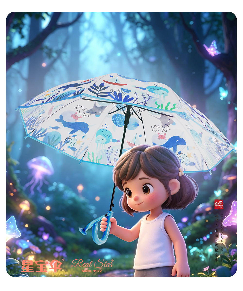 星宝伞015海洋风格儿童伞长柄直杆雨伞塑料雨伞平行宝宝雨伞批发详情8