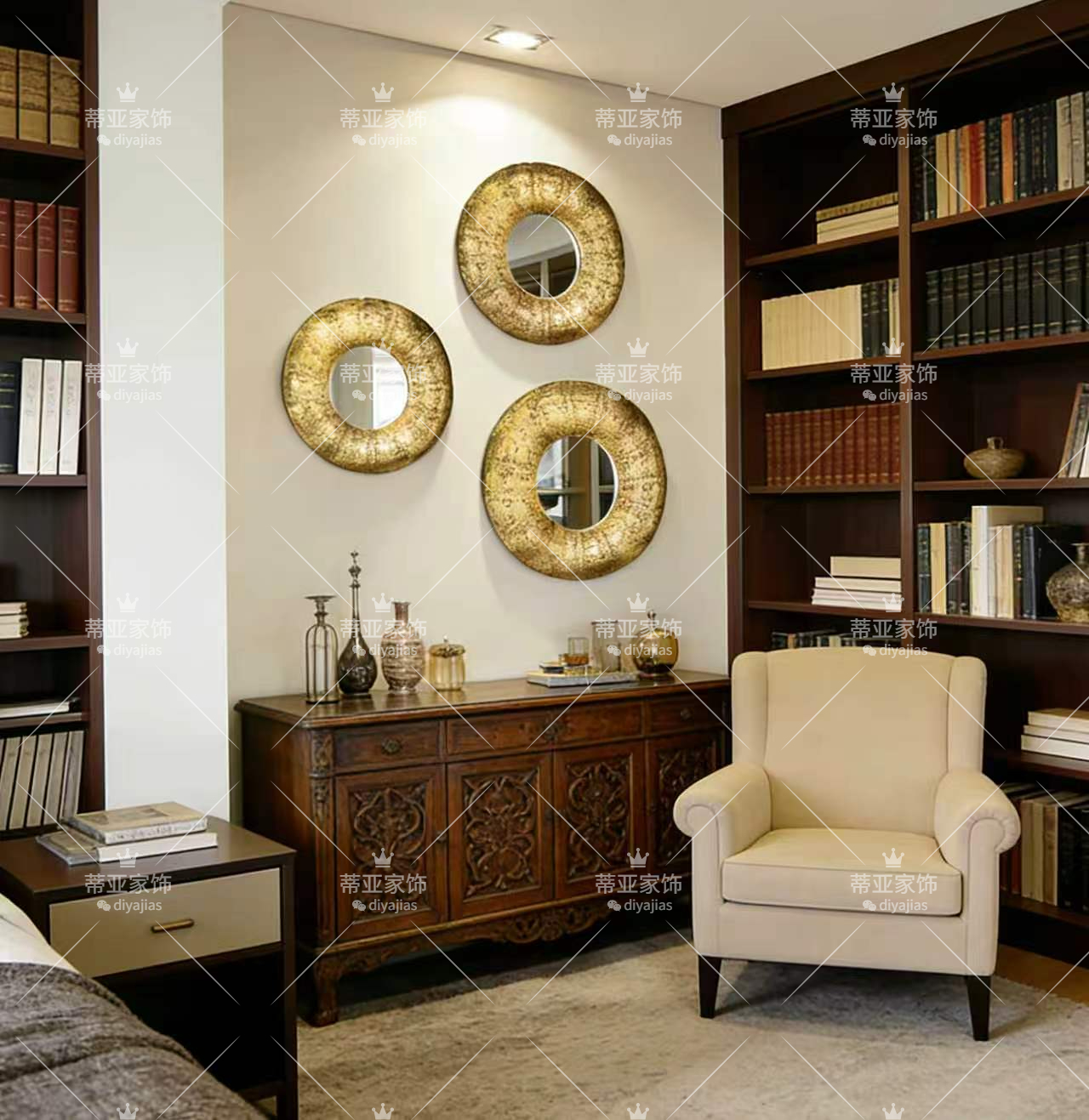 Golden hollowed-out circular mirror frame glass photo frame table for living room and bedroom decoration details Picture