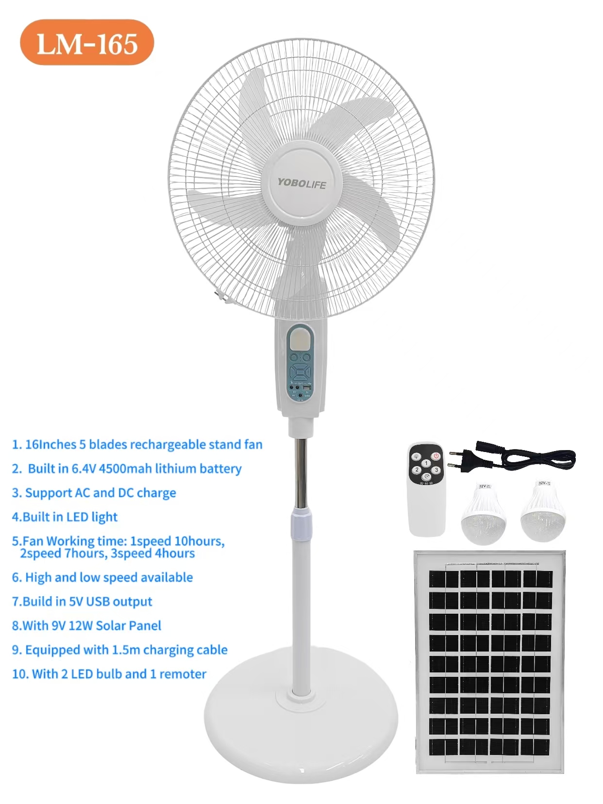 YOBOLIFE's upgraded LM-165 floor-standing fan features a 16-inch solar-powered charging fan with 5 wind speeds, a small screen display and remote control. It is a best-selling floor-standing fan in Africa and South America Specification image