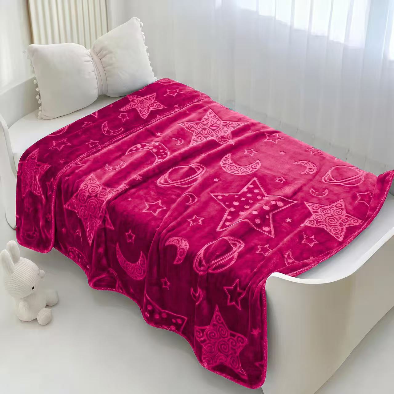 Cross-border foreign trade double-layer embossed star and Moon Secret realm cloud blanket, pure pigment embossed blanket, children's sewage ditch edge lock edge blanket details Picture