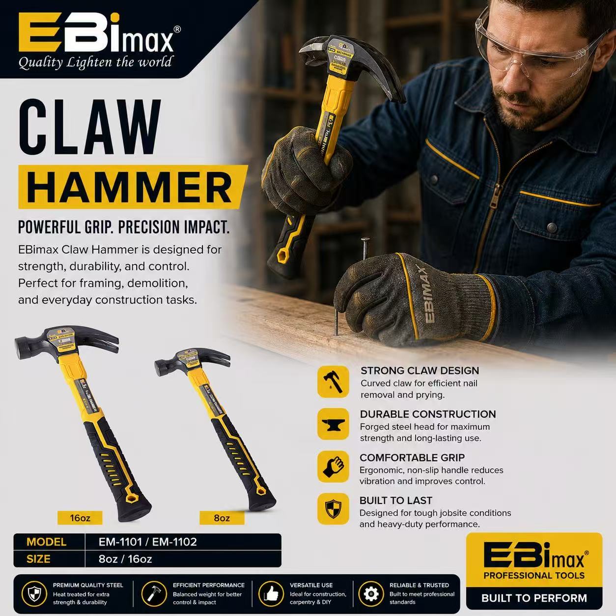 The EBimax Claw Hammer tool display image includes detailed descriptions of its usage scenarios and features