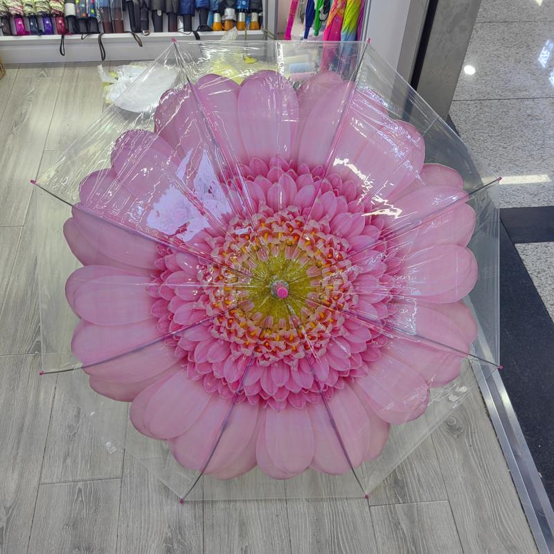Hengdun Creative printed transparent straight umbrella with Daisy and water lily flower patterns, long handle umbrella with curved handle, anti-slip, reinforced windproof and anti-storm umbrella for adults and students, portable for commuting, popular online, high appearance level umbrella, wholesale and customization supported Specification image
