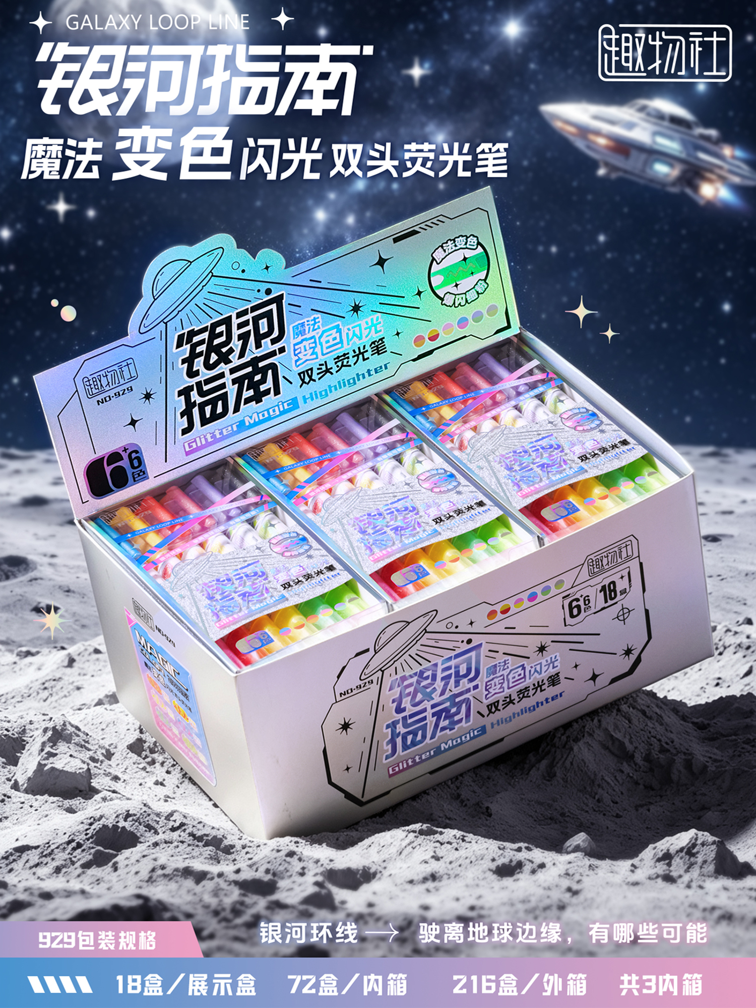 929魔法变色闪光双头6色荧光笔学生办公划重点记号笔
