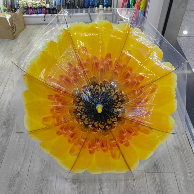 Hengdun Creative printed transparent straight umbrella with Daisy and water lily flower patterns, long handle umbrella with curved handle, anti-slip, reinforced windproof and anti-storm umbrella for adults and students, portable for commuting, popular online, high appearance level umbrella, wholesale and customization supported Application Scenario