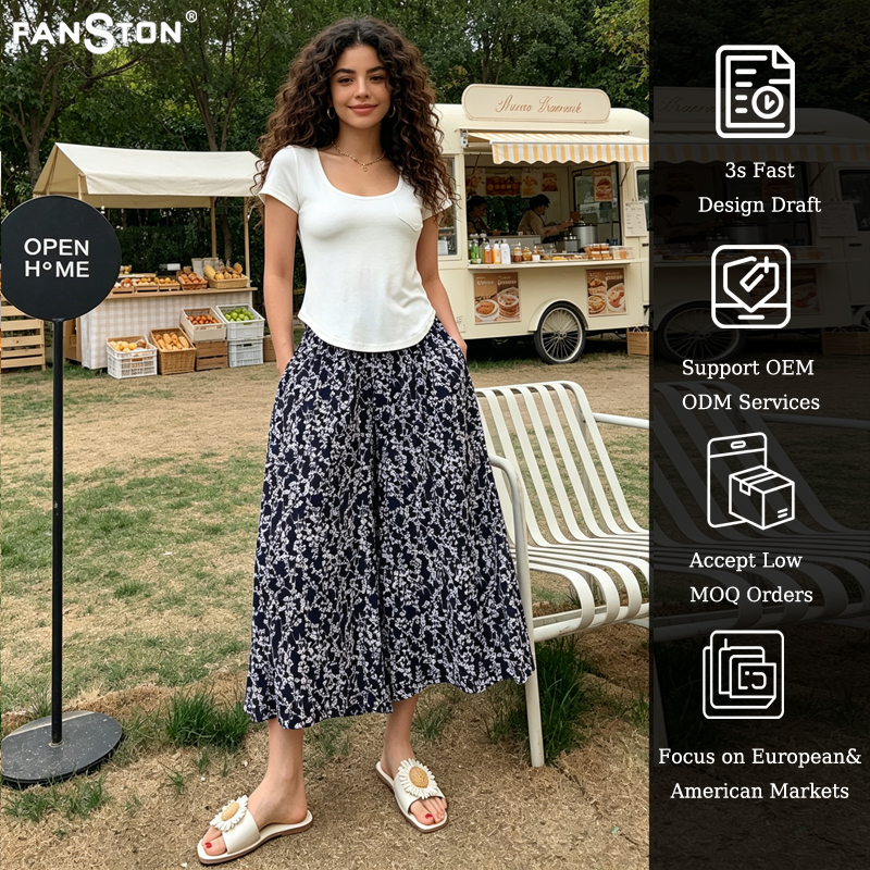 New Spring/Summer 2026 collection: Sweet floral print outerwear, silk wide-leg pants, loose and casual nine-inch pants, large size, thin culottes for women Application Scenario