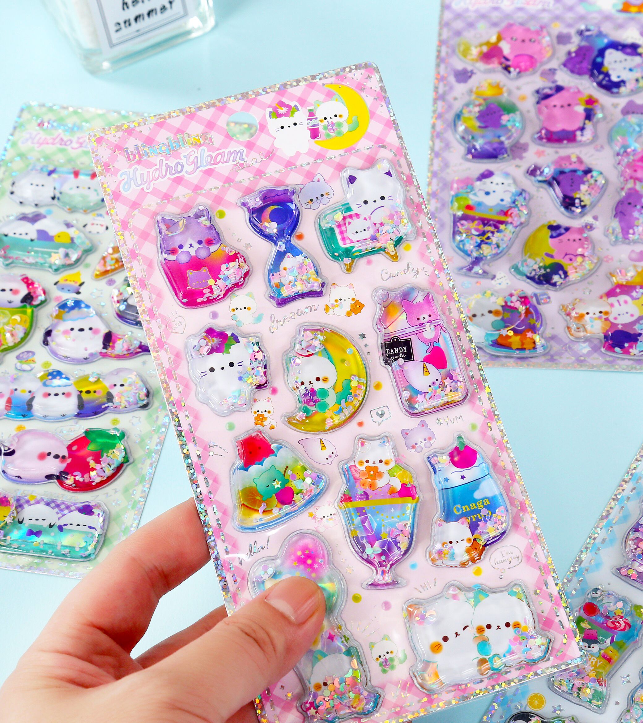 Cartoon 3D stereoscopic shaking water sticker, laser sand shaking fun reward decorative sticker, water-filled shaking water sticker details Picture