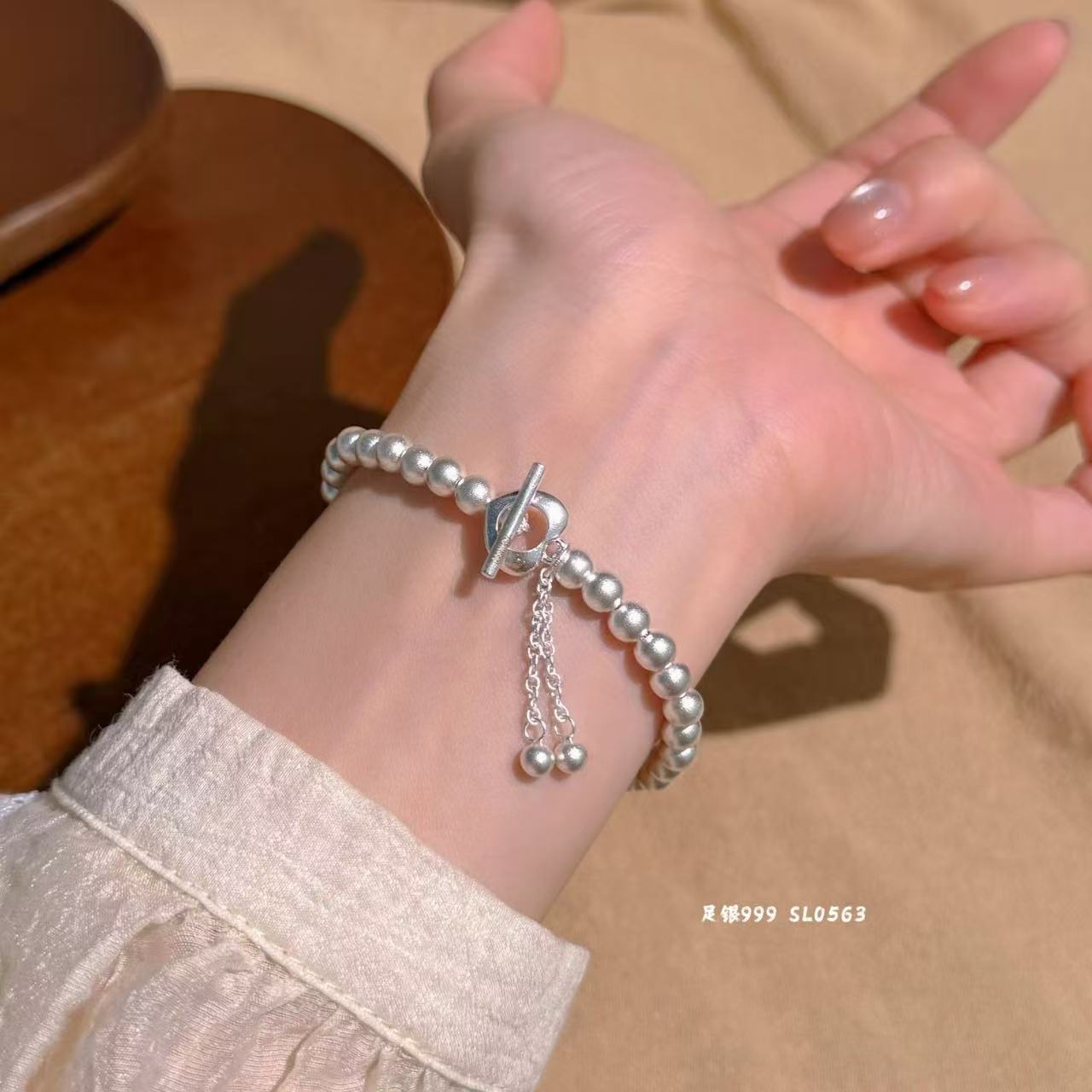 New jewelry, original design 999 sterling silver, 5-meter full, ancient method heart OT clasp tassel silver bracelet detail image 3