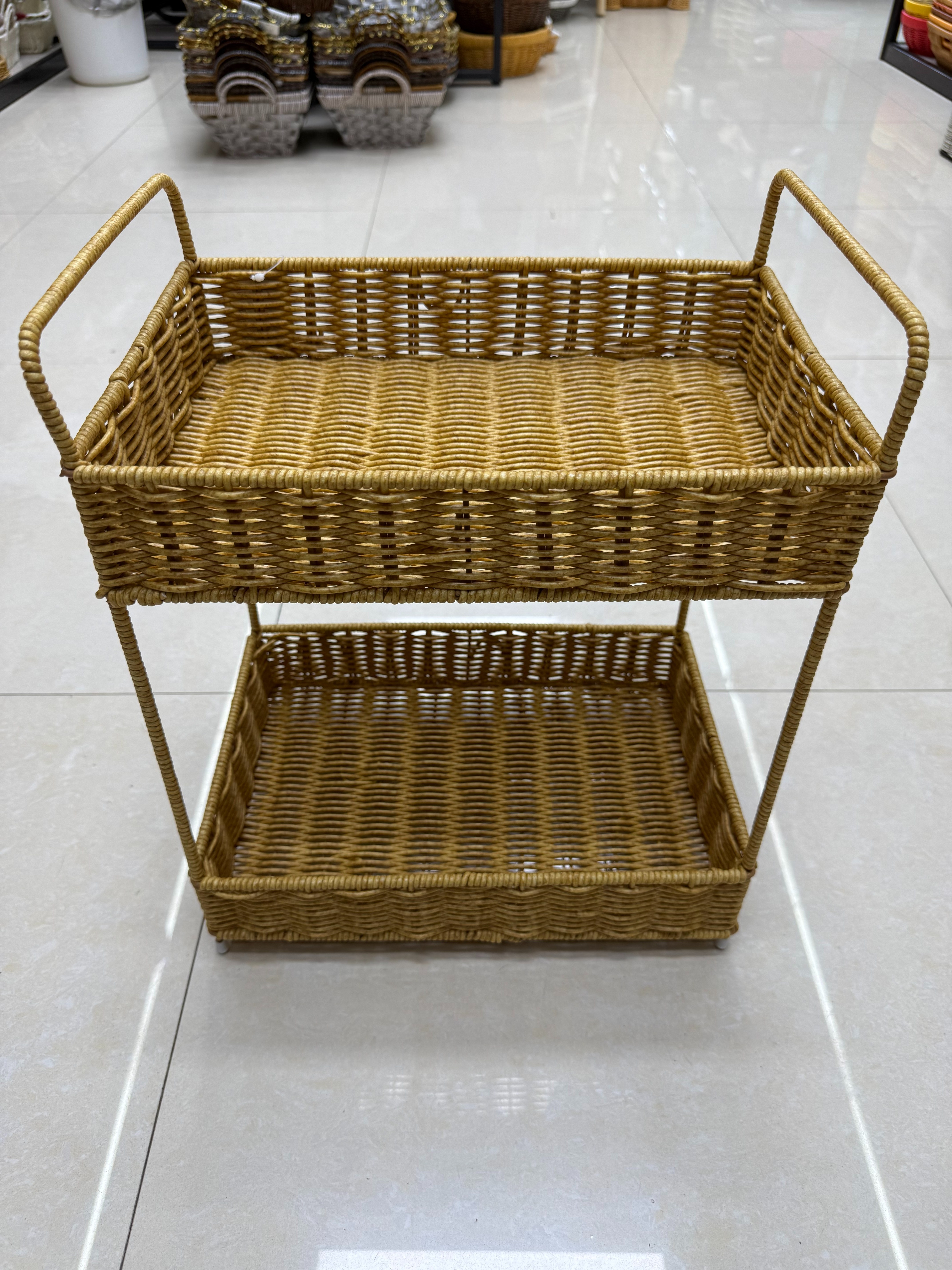 A two-layer rectangular wicker-like woven shelf for cosmetics, home storage, sundries storage, and bedroom mobile phone storage pic 5