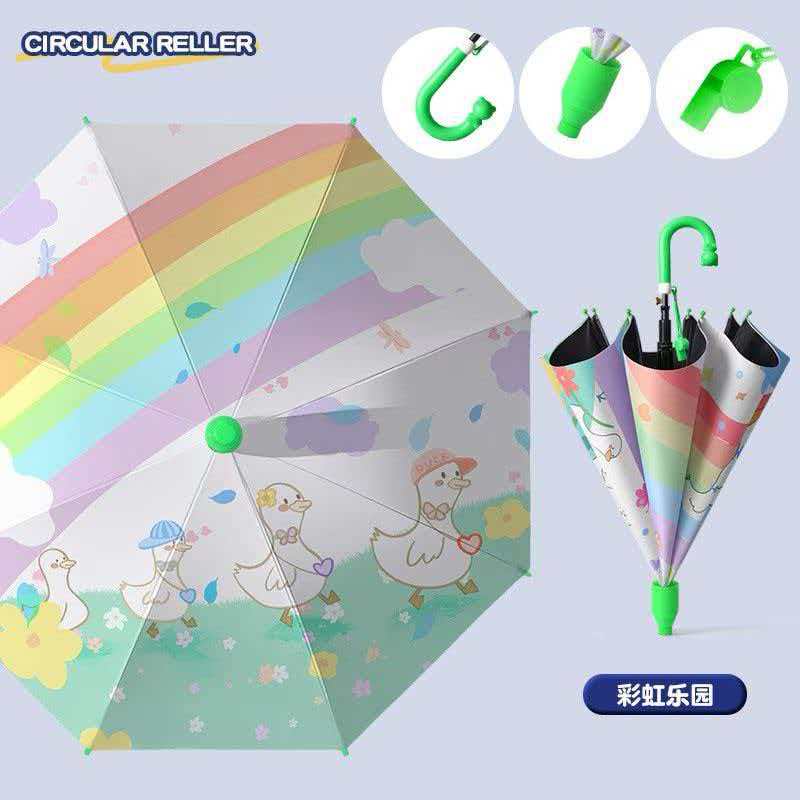Hengdun Children's umbrellas: Girls' all-weather, black rubber coating, UV protection and sun protection, semi-automatic safety long-handled umbrella for primary school and kindergarten students, cute cartoon princess umbrella with waterproof cover, whistle umbrella