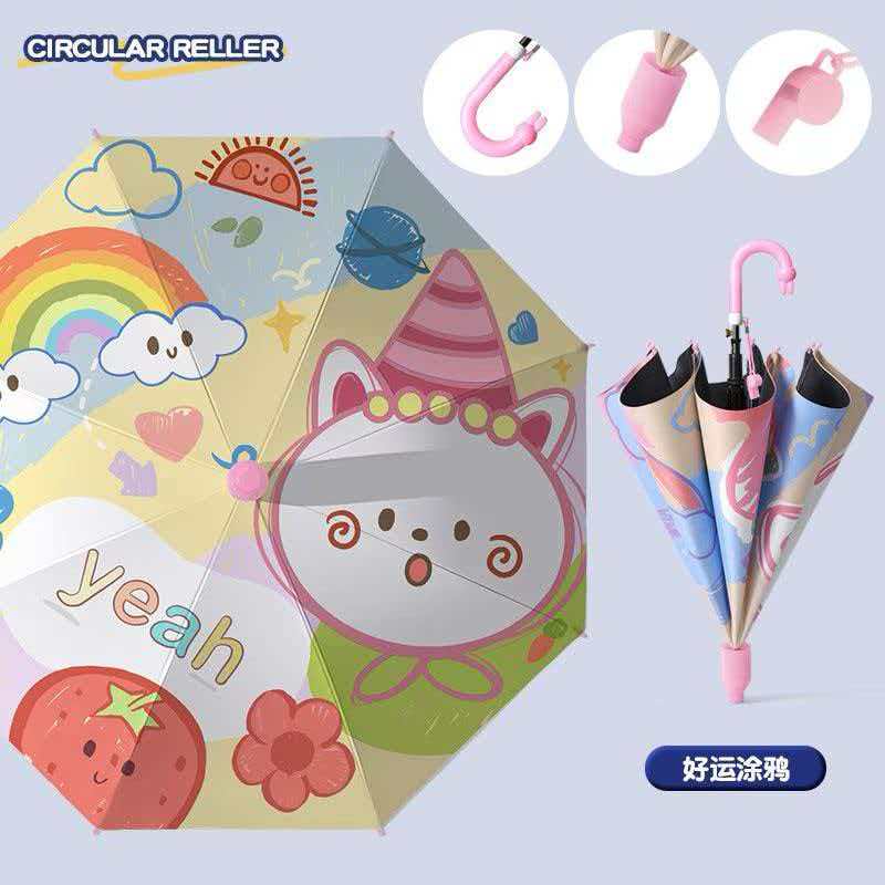 Hengdun Children's umbrellas: Girls' all-weather, black rubber coating, UV protection and sun protection, semi-automatic safety long-handled umbrella for primary school and kindergarten students, cute cartoon princess umbrella with waterproof cover, whistle umbrella Item Picture
