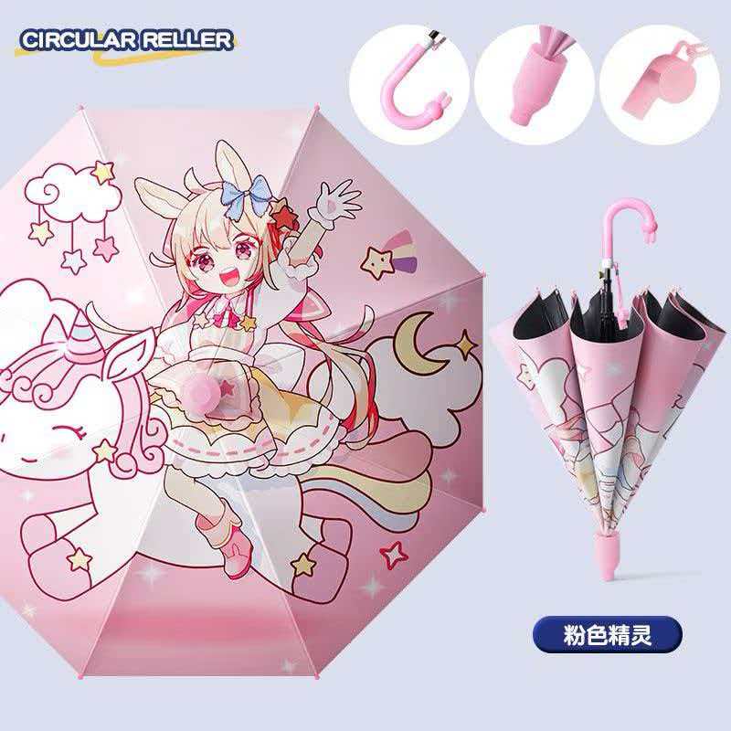 Hengdun Children's umbrellas: Girls' all-weather, black rubber coating, UV protection and sun protection, semi-automatic safety long-handled umbrella for primary school and kindergarten students, cute cartoon princess umbrella with waterproof cover, whistle umbrella pic 9